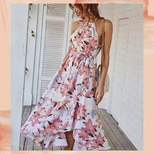 Juliet Dress High Neck Floral Asymmetric Ruffle Hem Midi Dress